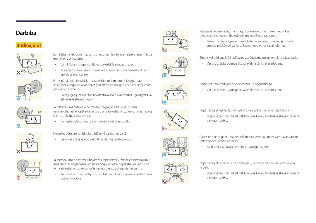 Samsung LH40DBDPLGC/EN, LH32DBDPLGC/EN, LH48DBDPLGC/EN, LH55DBDPLGC/EN manual Darbība, Elektriskās strāvas trieciens 