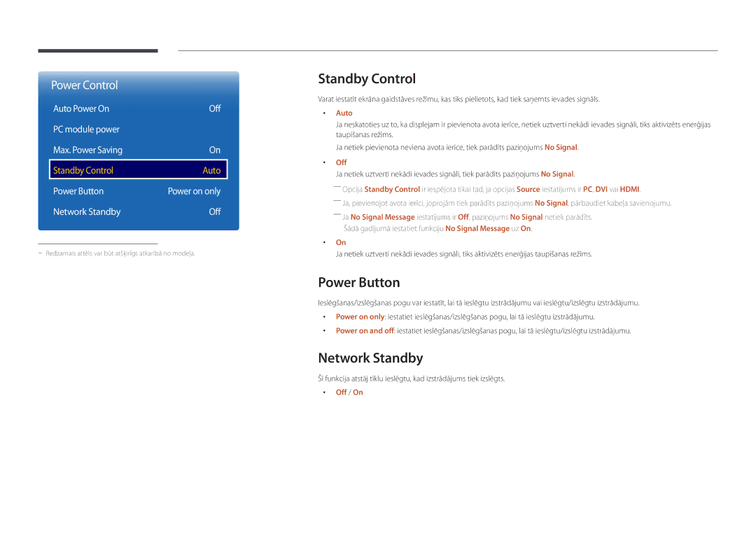 Samsung LH55DBDPLGC/EN Standby Control, Power Button, Network Standby, Auto Power On Off PC module power Max. Power Saving 