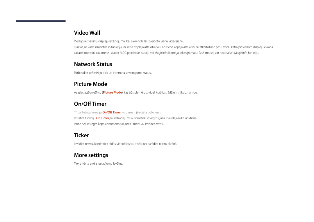 Samsung LH40DBDPLGC/EN, LH32DBDPLGC/EN, LH48DBDPLGC/EN Natwork Status, Picture Mode, On/Off Timer, Ticker, More settings 