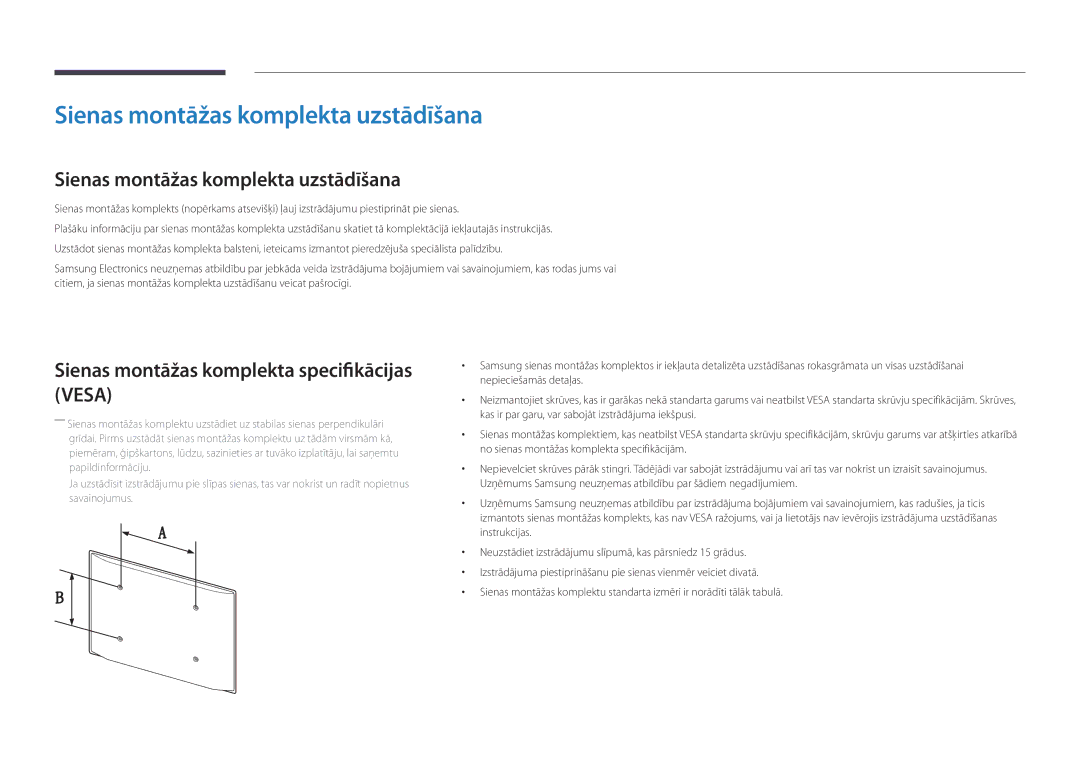 Samsung LH32DBDPLGC/EN manual Sienas montāžas komplekta uzstādīšana, Sienas montāžas komplekta specifikācijas Vesa 