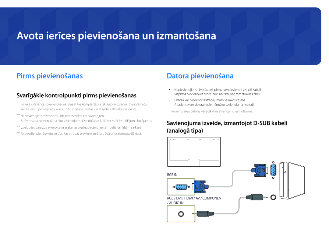 Samsung LH55DBDPLGC/EN, LH32DBDPLGC/EN Avota ierīces pievienošana un izmantošana, Pirms pievienošanas, Datora pievienošana 