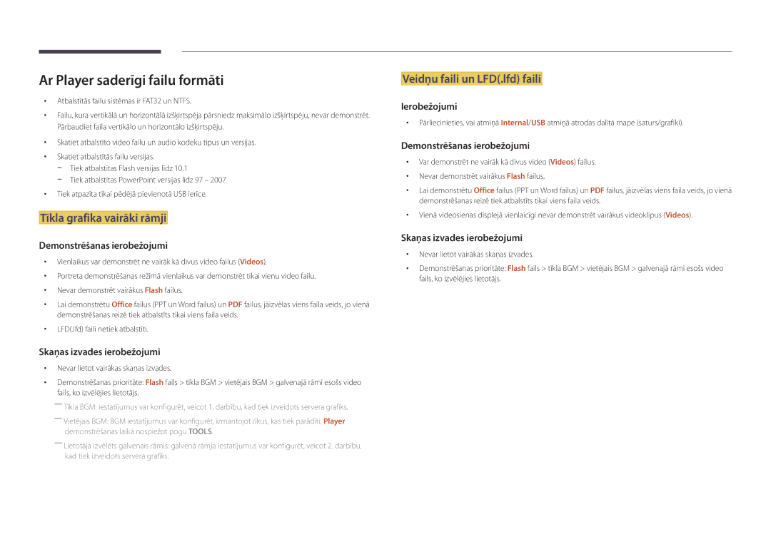 Samsung LH32DBDPLGC/EN manual Ar Player saderīgi failu formāti, Tīkla grafika vairāki rāmji, Veidņu faili un LFD.lfd faili 