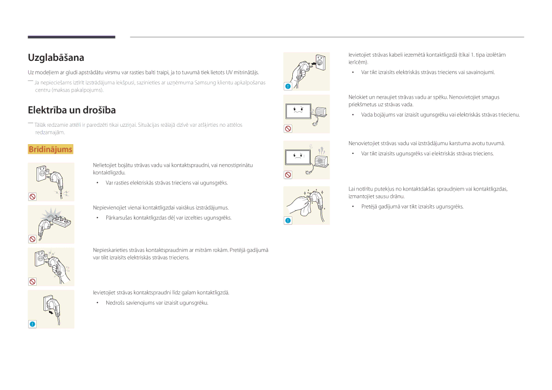 Samsung LH55DBDPLGC/EN, LH32DBDPLGC/EN, LH48DBDPLGC/EN, LH40DBDPLGC/EN manual Uzglabāšana, Elektrība un drošība 