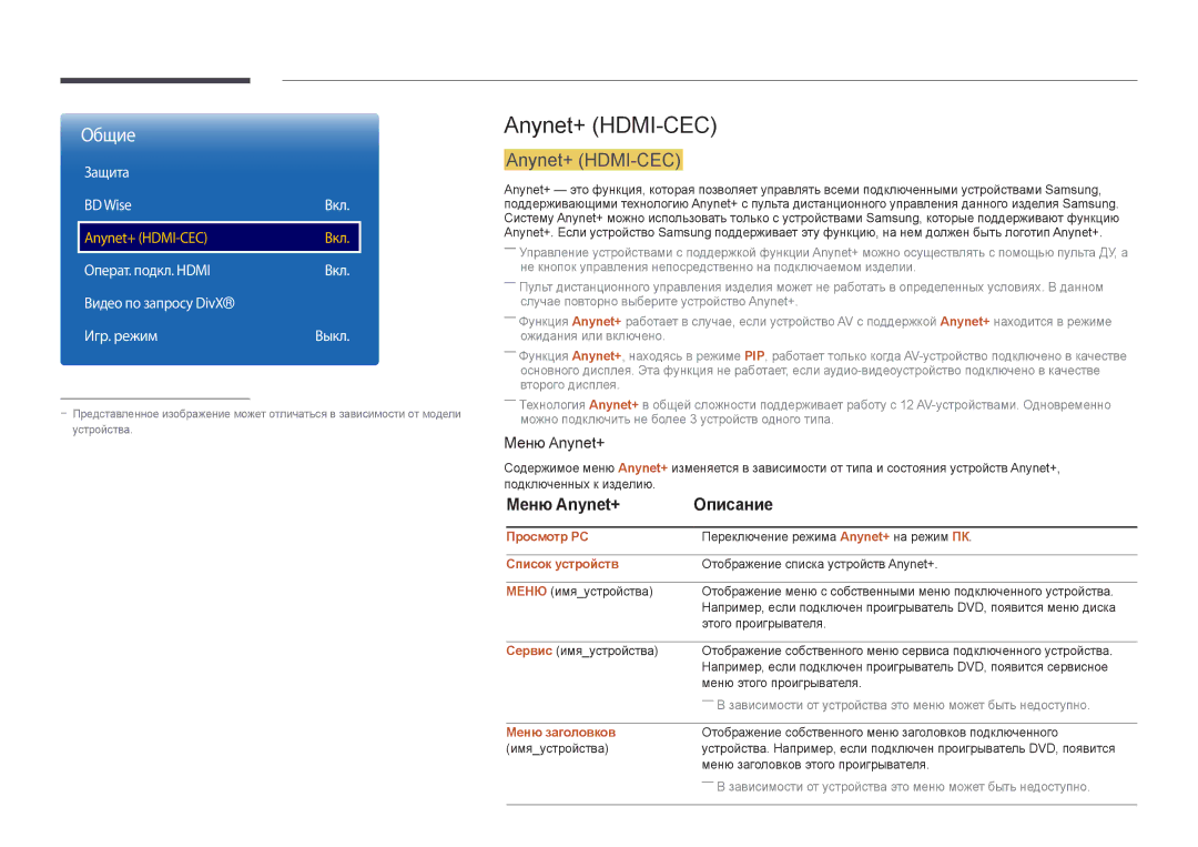 Samsung LH40DBDPLGC/EN, LH32DBDPLGC/EN, LH48DBDPLGC/EN manual Anynet+ HDMI-CEC, Меню Anynet+ Описание, Защита BD Wise Вкл 