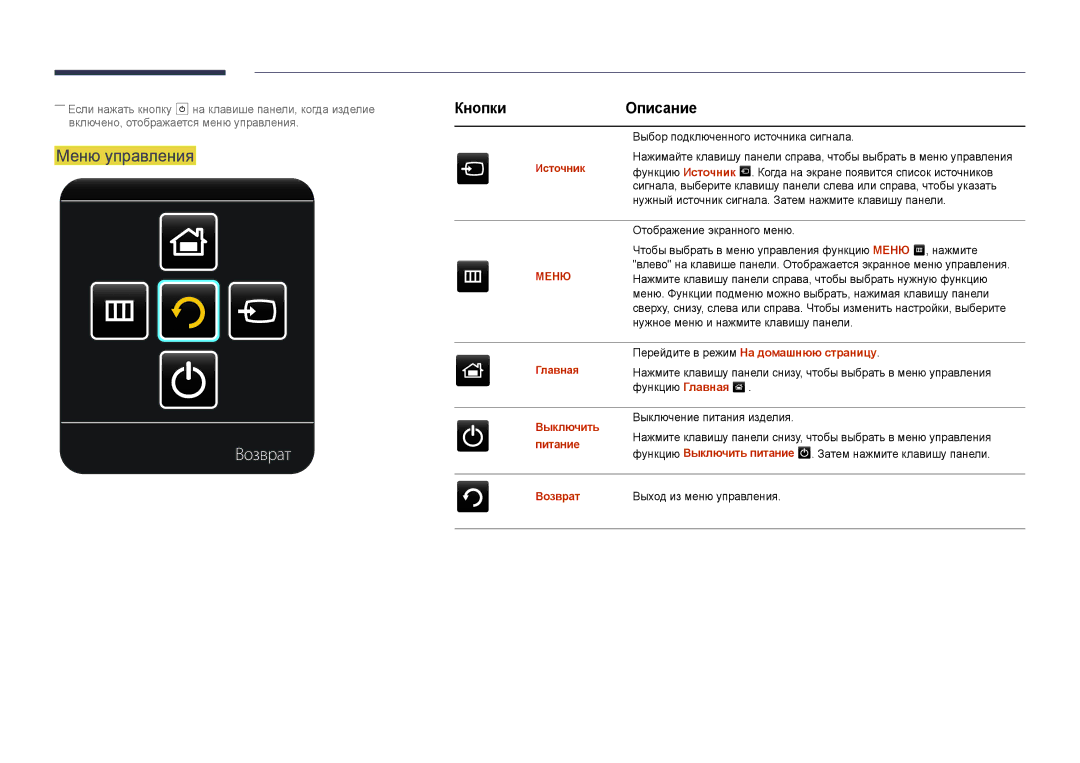 Samsung LH32DBDPLGC/EN, LH48DBDPLGC/EN, LH40DBDPLGC/EN, LH55DBDPLGC/EN manual Возврат, Меню управления, Кнопки Описание 