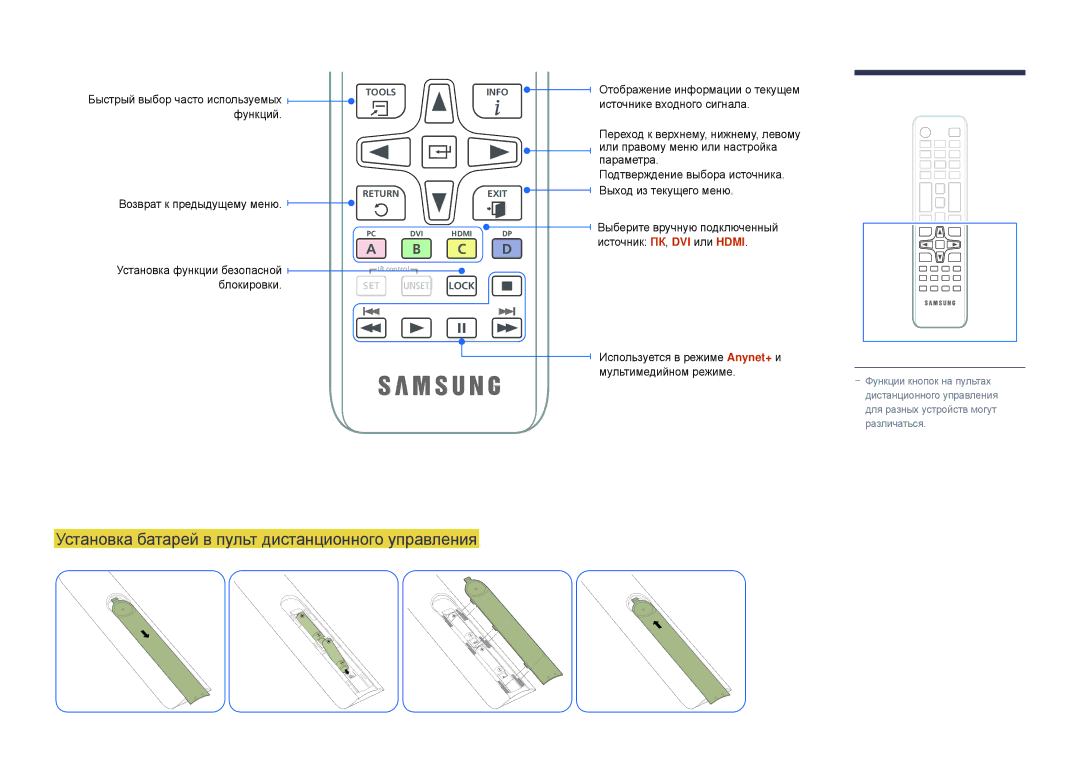 Samsung LH32DBDPLGC/EN manual Установка батарей в пульт дистанционного управления, Функций, Выход из текущего меню 