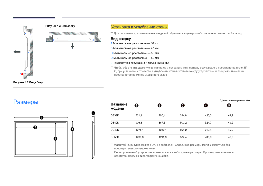 Samsung LH40DBDPLGC/EN, LH32DBDPLGC/EN manual Установка в углублении стены, Вид сверху, РазмерыНазвание 1 2 3 4, Модели 