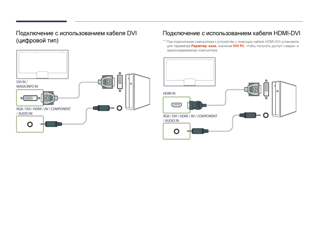 Samsung LH32DBDPLGC/EN Подключение с использованием кабеля DVI цифровой тип, Подключение с использованием кабеля HDMI-DVI 