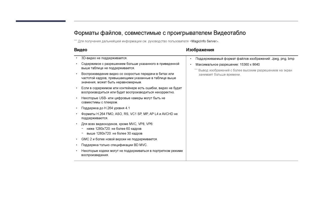 Samsung LH48DBDPLGC/EN, LH32DBDPLGC/EN, LH40DBDPLGC/EN manual Форматы файлов, совместимые с проигрывателем Видеотабло 