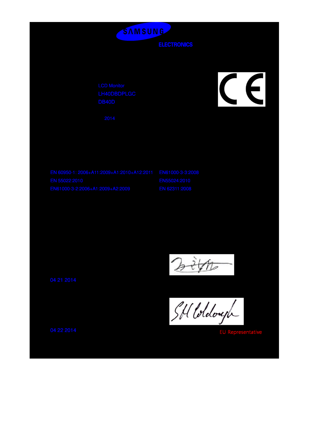 Samsung LH48DBDPLGC/EN, LH32DBDPLGC/EN, LH40DBDPLGC/EN manual Declaration of Conformity, DB40D, 04 21, 04 22 
