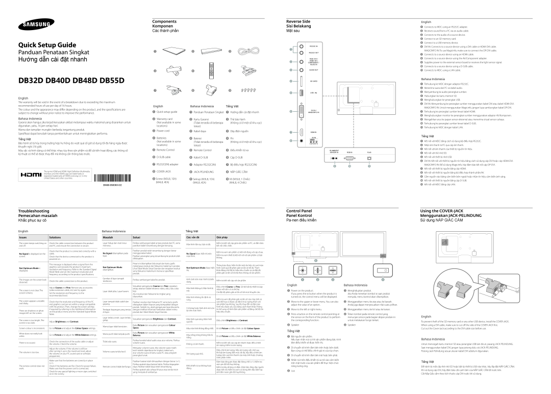 Samsung LH48DBDPLGC/EN manual Reverse Side, Face arrière, Control Panel Panneau de conﬁguration, BN68-05838C-02 