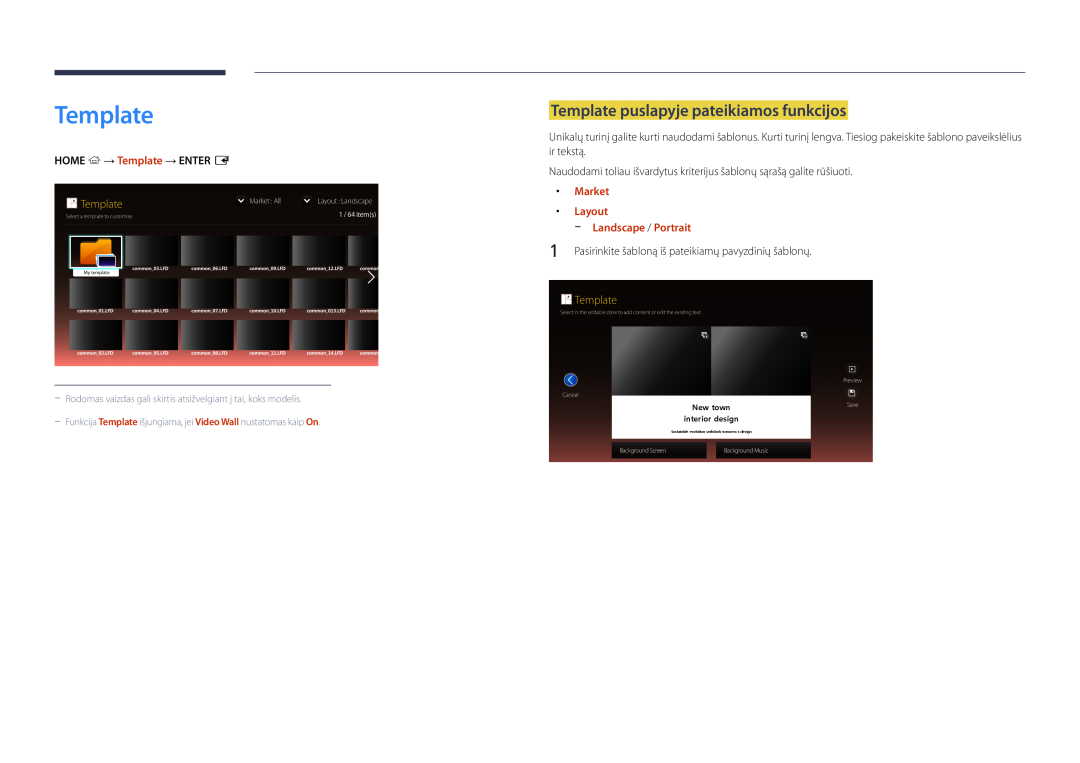 Samsung LH48DBDPLGC/EN Template puslapyje pateikiamos funkcijos, Layout, Landscape / Portrait, Market All, Save 