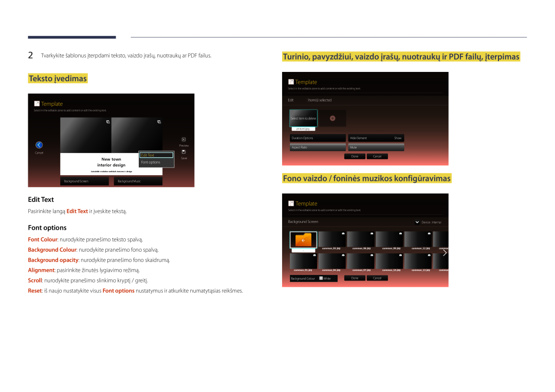 Samsung LH40DBDPLGC/EN Teksto įvedimas, Turinio, pavyzdžiui, vaizdo įrašų, nuotraukų ir PDF failų, įterpimas, Edit Text 