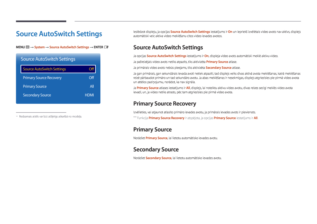 Samsung LH48DBDPLGC/EN, LH32DBDPLGC/EN manual Source AutoSwitch Settings, Primary Source Recovery, Secondary Source 
