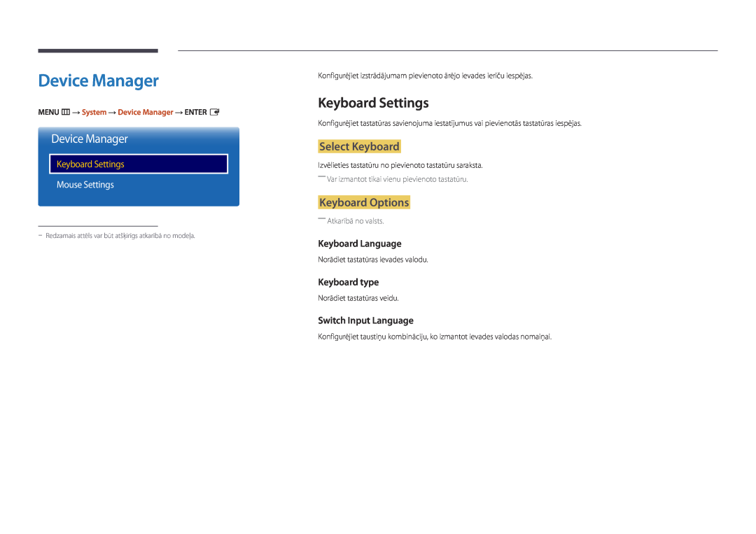 Samsung LH40DBDPLGC/EN Device Manager, Keyboard Settings, Select Keyboard, Keyboard Options, Mouse Settings, Keyboard type 