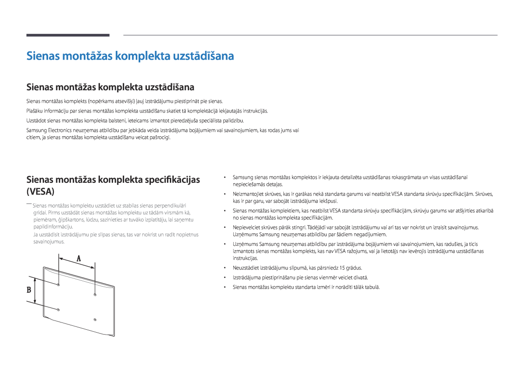 Samsung LH32DBDPLGC/EN manual Sienas montāžas komplekta uzstādīšana, Sienas montāžas komplekta specifikācijas VESA 