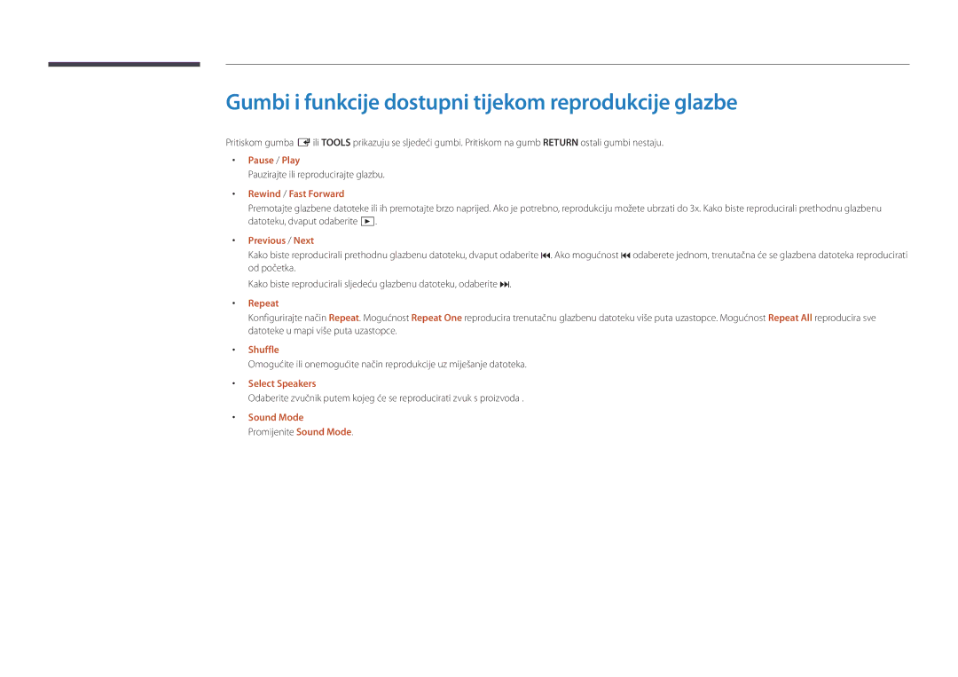 Samsung LH48DBDPLGC/EN manual Gumbi i funkcije dostupni tijekom reprodukcije glazbe, Pauzirajte ili reproducirajte glazbu 