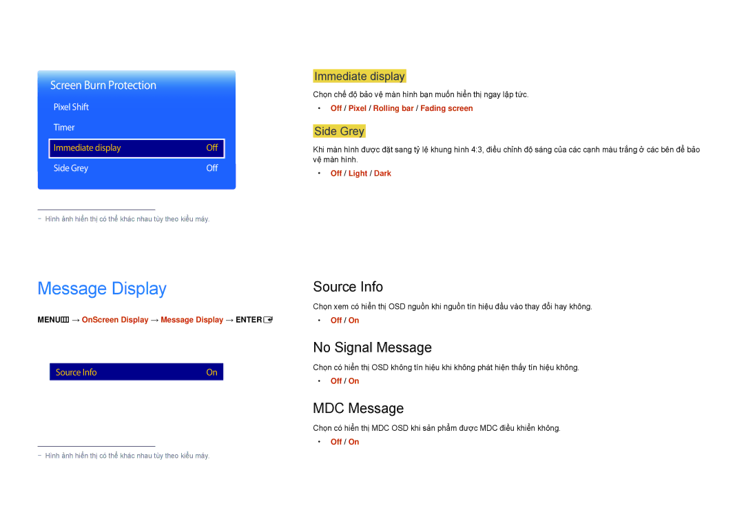 Samsung LH48DBDPLGC/XY, LH32DBDPLGC/XY, LH55DBDPLGC/XY manual Message Display, Source Info, No Signal Message, MDC Message 