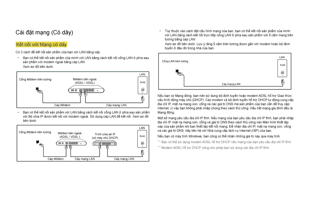 Samsung LH40DBDPLGC/XY, LH32DBDPLGC/XY, LH48DBDPLGC/XY, LH55DBDPLGC/XY Cà̀i đặt mạ̣ng Có́ dây, Kêt nối với Mạng có dây 