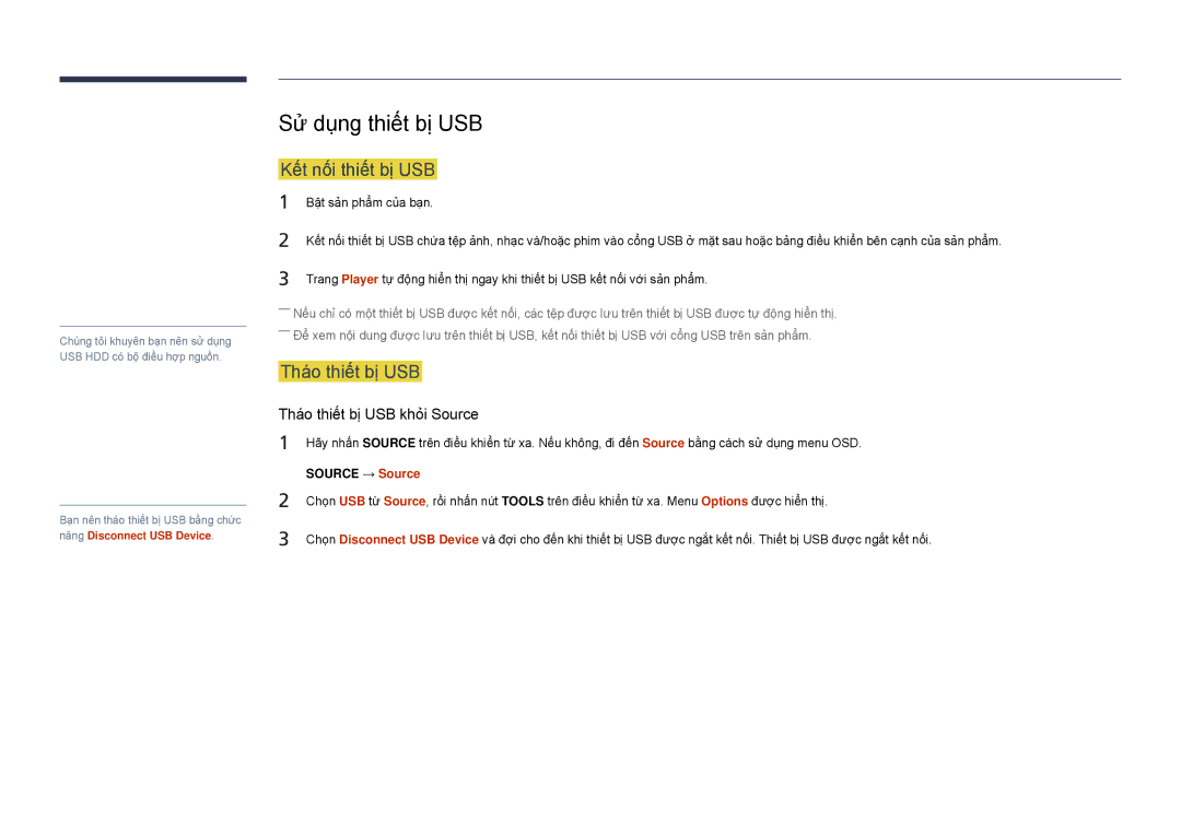Samsung LH55DBDPLGC/XY, LH32DBDPLGC/XY manual Sử dụng thiết bị USB, Kết nối thiết bị USB, Tháo thiết bị USB 