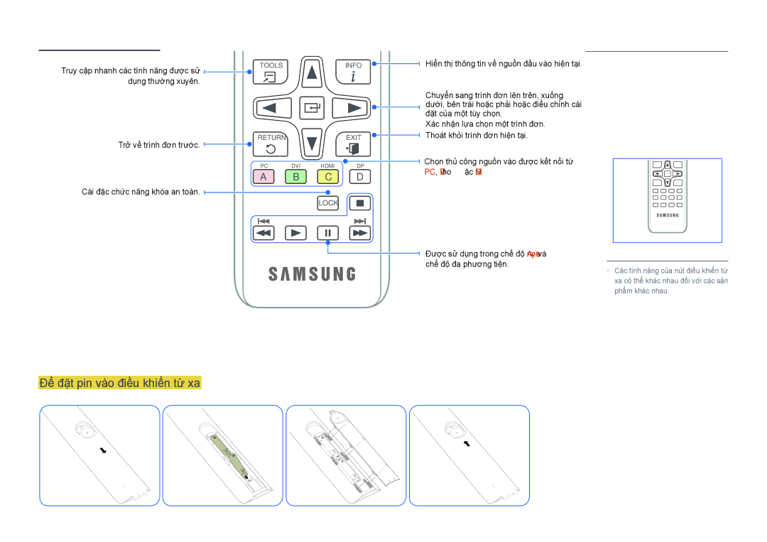 Samsung LH32DBDPLGC/XY, LH48DBDPLGC/XY manual Để đặt pin vào điều khiển từ xa, Dụng thường xuyên, PC, DVI hoăc Hdmi 