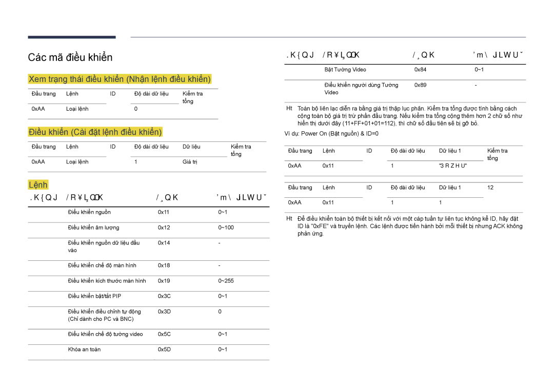 Samsung LH55DBDPLGC/XY, LH32DBDPLGC/XY manual Các mã điề̀u khiể̉n, Xem trạng thái điề̀u khiể̉n Nhận lệnh điề̀u khiể̉n, Lênh 