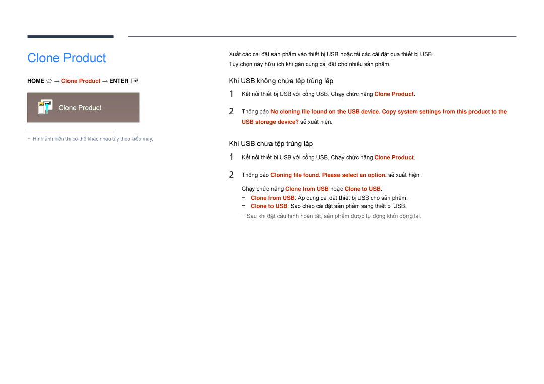 Samsung LH32DBDPLGC/XY, LH48DBDPLGC/XY manual Home → Clone Product → Enter E, USB storage device? sẽ̃ xuấ́t hiện 