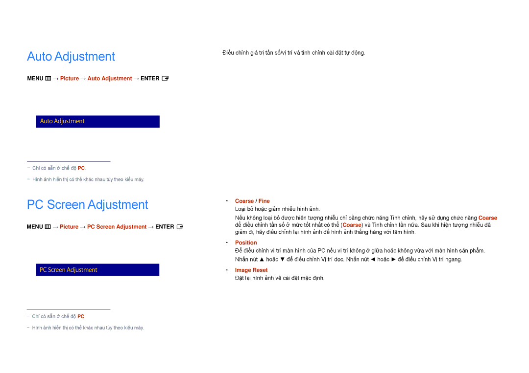 Samsung LH55DBDPLGC/XY, LH32DBDPLGC/XY, LH48DBDPLGC/XY, LH40DBDPLGC/XY manual Auto Adjustment, PC Screen Adjustment 