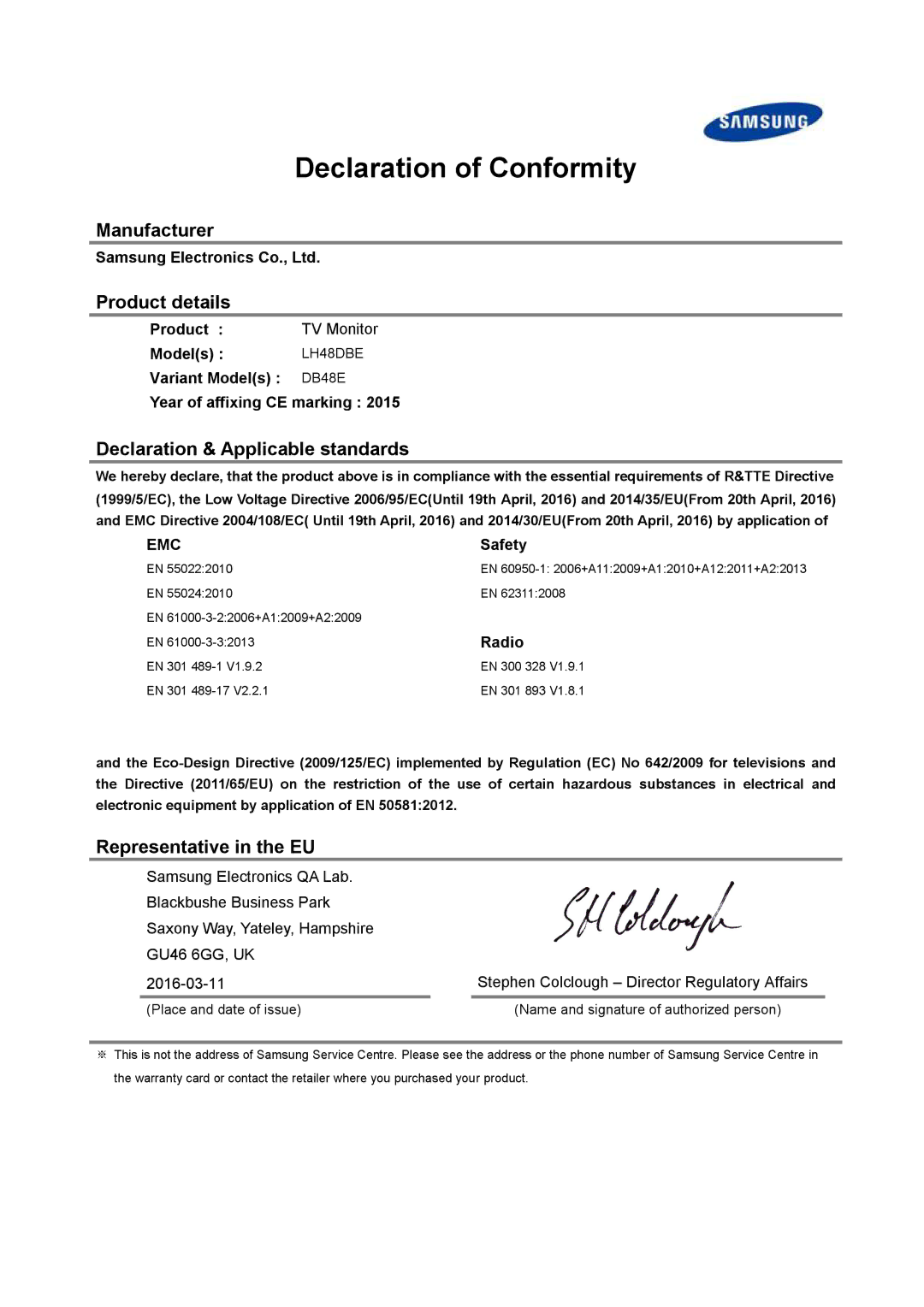 Samsung LH55DBEPLGC/EN manual Declaration of Conformity, Manufacturer Product details, Declaration & Applicable standards 