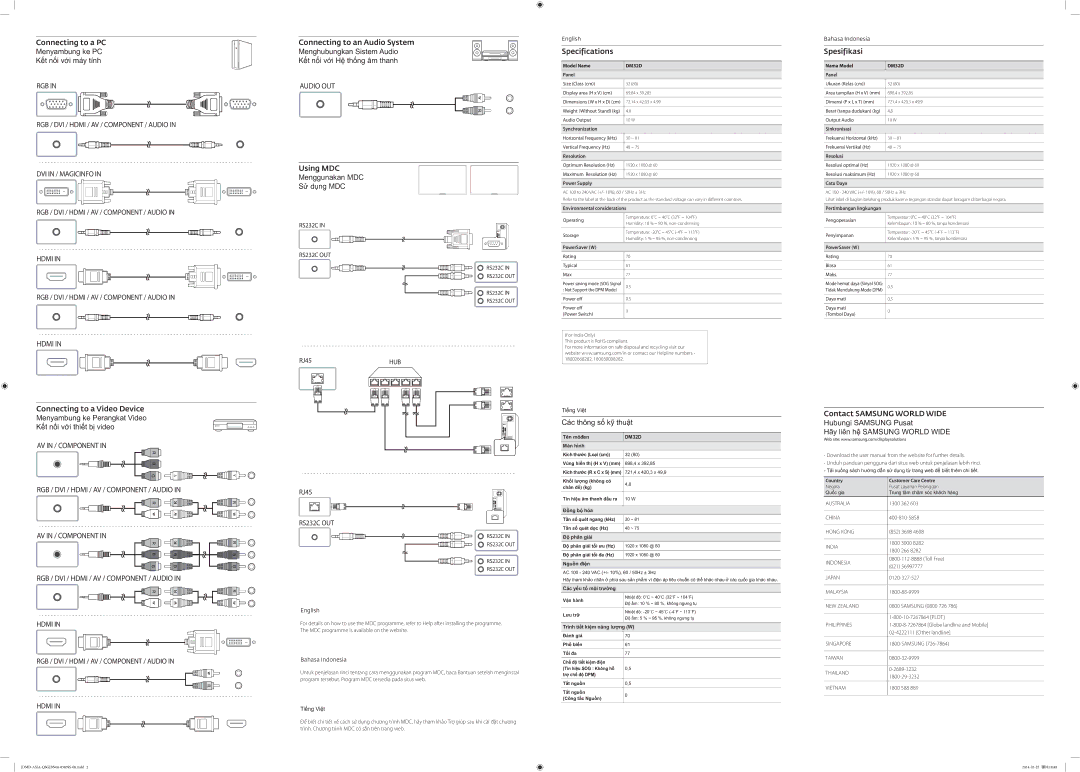 Samsung LH32DMDPLGC/XY Connecting to a PC Menyambung ke PC Kết nối với máy tính, Using MDC Menggunakan MDC Sử dụng MDC 