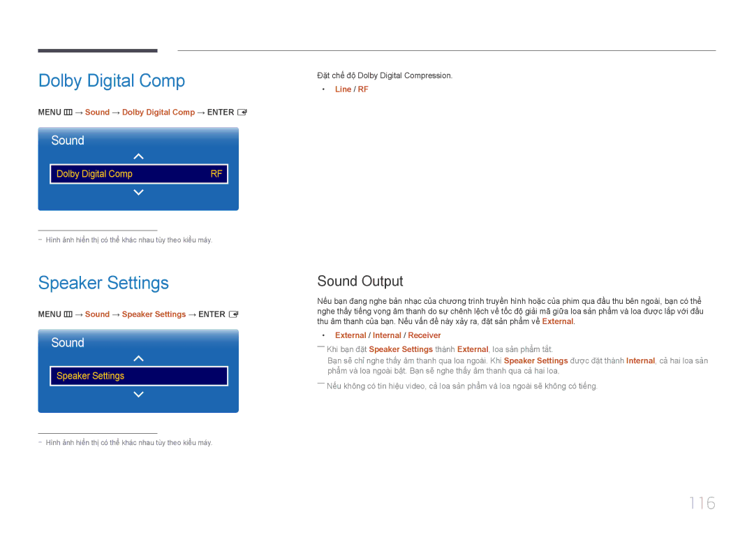 Samsung LH65DMEPLGC/XV, LH32DMEPLGC/XY, LH40DBEPLGC/XY manual Dolby Digital Comp, Speaker Settings, 116, Sound Output 