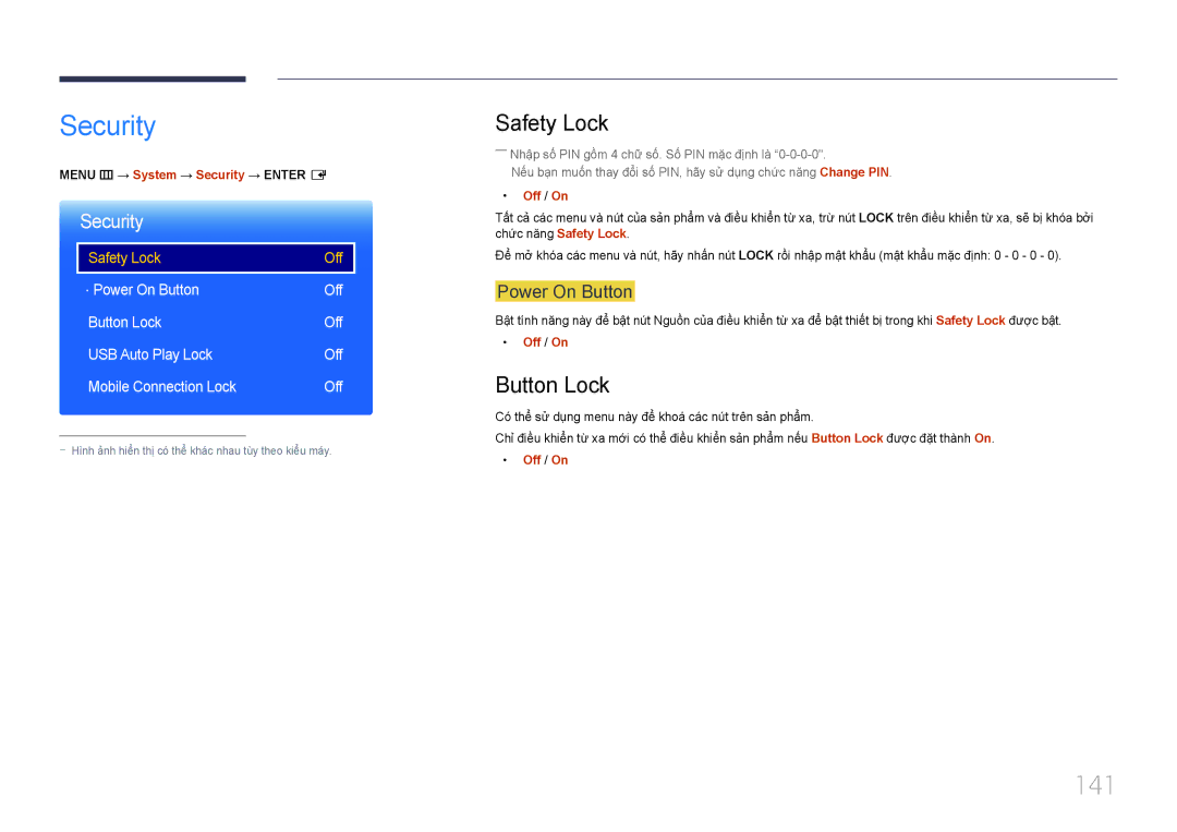 Samsung LH40DMEPLGC/XY, LH32DMEPLGC/XY, LH40DBEPLGC/XY, LH48DMEPLGC/XY manual Security, 141, Safety Lock, Button Lock 