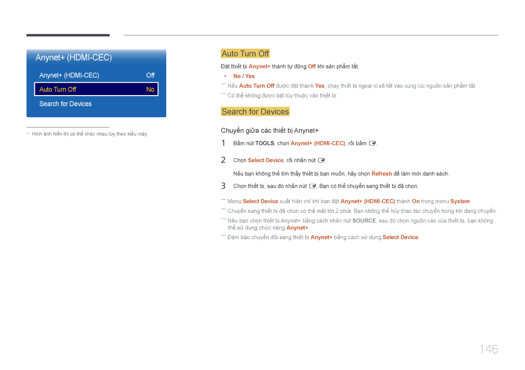 Samsung LH65DMEPLGC/XV, LH32DMEPLGC/XY, LH40DBEPLGC/XY manual 146, Anynet+ HDMI-CEC, Auto Turn Off, Search for Devices 