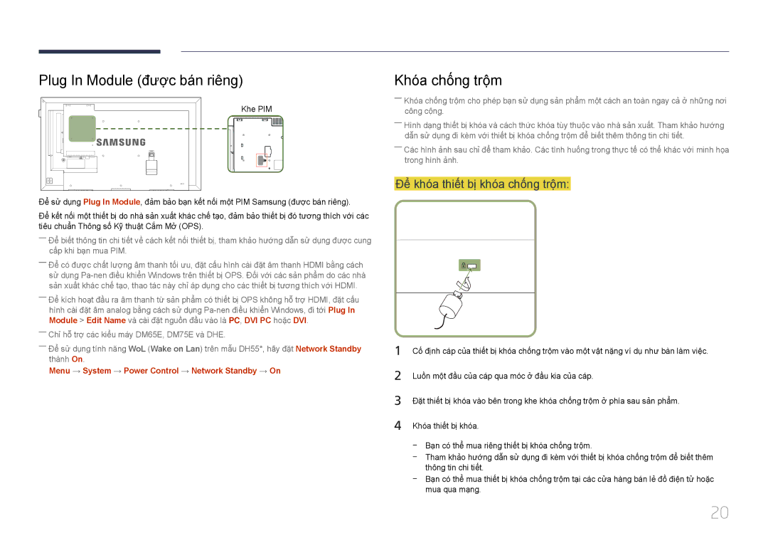 Samsung LH65DMEPLGC/XY manual Plug In Module được bán riêng, Khó́a chố́ng trộ̣m, Để̉ khó́a thiế́t bị khó́a chố́ng trộ̣m 