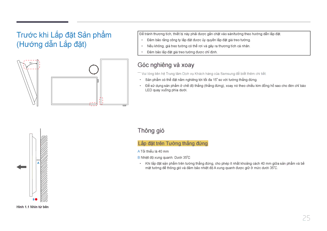 Samsung LH75DMEPLGC/XV manual Trước khi Lắ́p đặ̣t Sả̉n phẩ̉m Hướng dẫn Lắ́p đặ̣t, Gó́c nghiêng và̀ xoay, Thông gió́ 