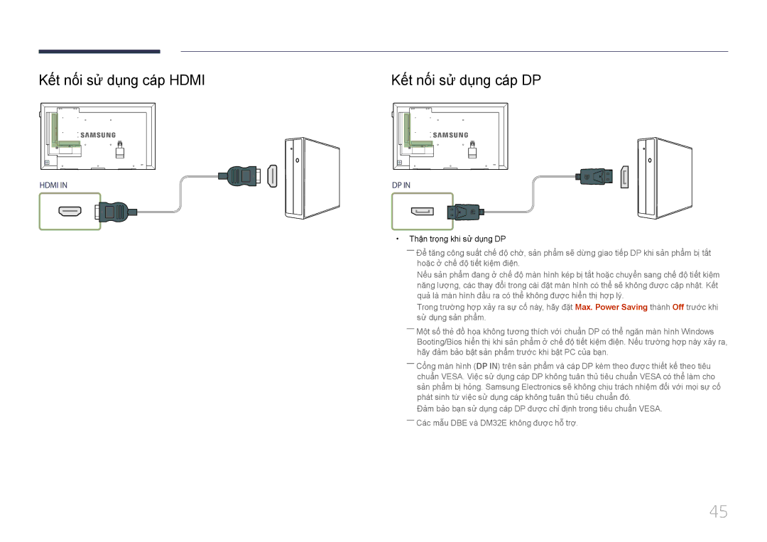 Samsung LH32DMEPLGC/XY, LH40DBEPLGC/XY Kế́t nố́i sử dụng cá́p Hdmi, Kế́t nố́i sử dụng cá́p DP, Thận trọng khi sư dung DP 