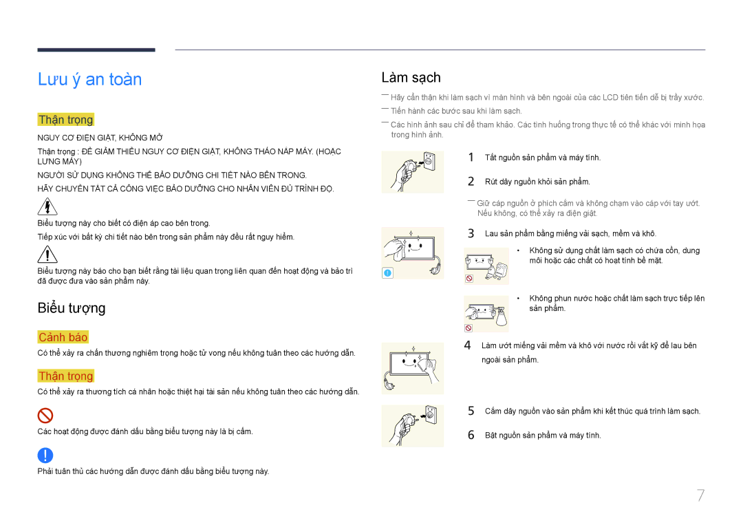 Samsung LH40DMEPLGC/XV manual Lưu ý an toàn, Làm sạch, Biểu tượng, Thận trọng, Rút dây nguồn khỏi sản phẩm 