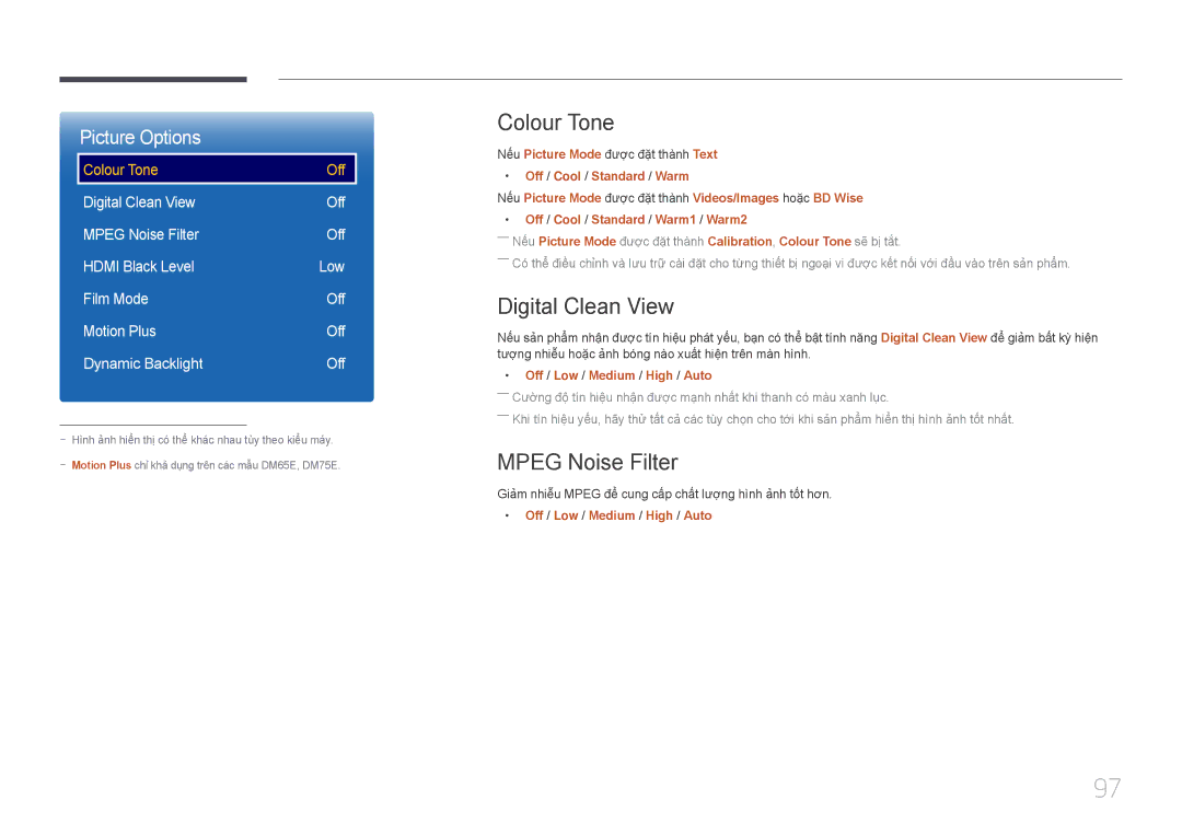 Samsung LH40DMEPLGC/XV manual Colour Tone, Digital Clean View, Mpeg Noise Filter, Nế́u Picture Mode đượ̣c đặ̣t thà̀nh Text 