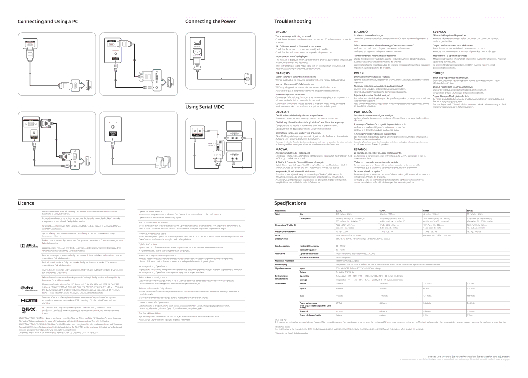 Samsung LH40EDCPLBC/EN, LH32EDCPLBC/EN, LH65EDCPLBC/EN, LH46EDCPLBC/EN manual Using Serial MDC, Licence, Specifications 