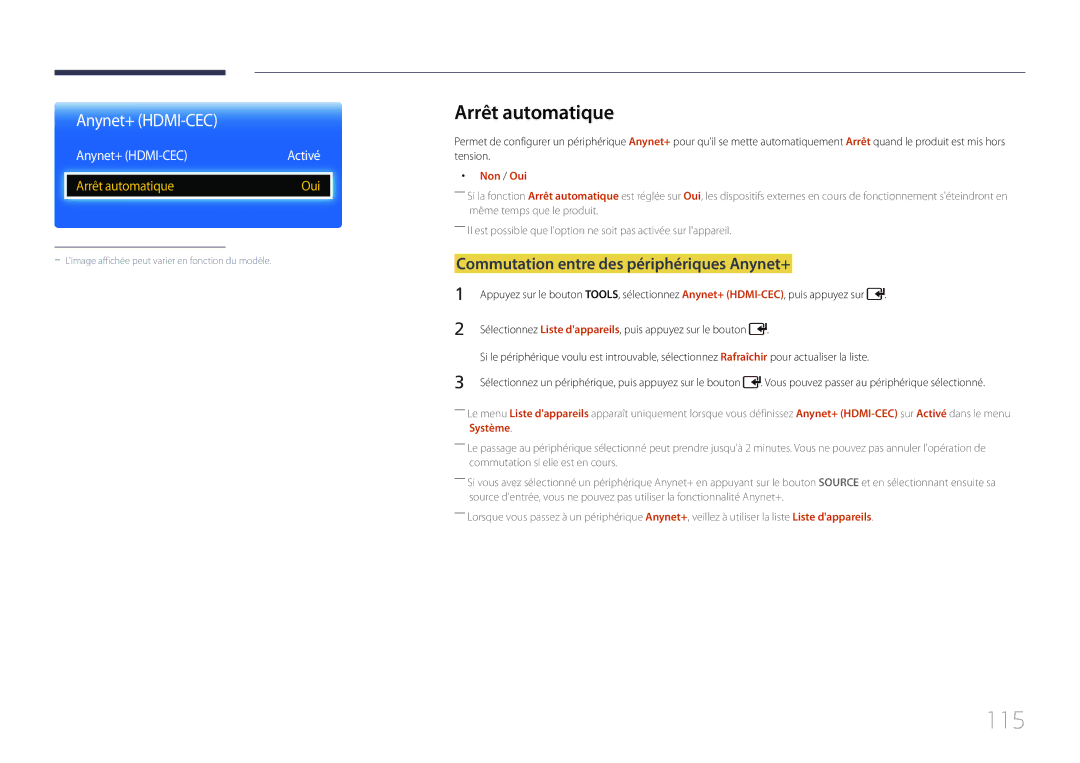 Samsung LH75EDCPLBC/EN, LH32EDCPLBC/EN manual 115, Arrêt automatique, Commutation entre des périphériques Anynet+, Non / Oui 