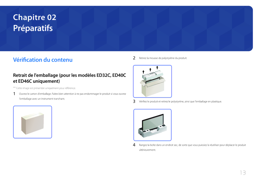 Samsung LH75EDCPLBC/EN, LH32EDCPLBC/EN, LH65EDCPLBC/EN, LH40EDCPLBC/EN, LH46EDCPLBC/EN Préparatifs, Vérification du contenu 