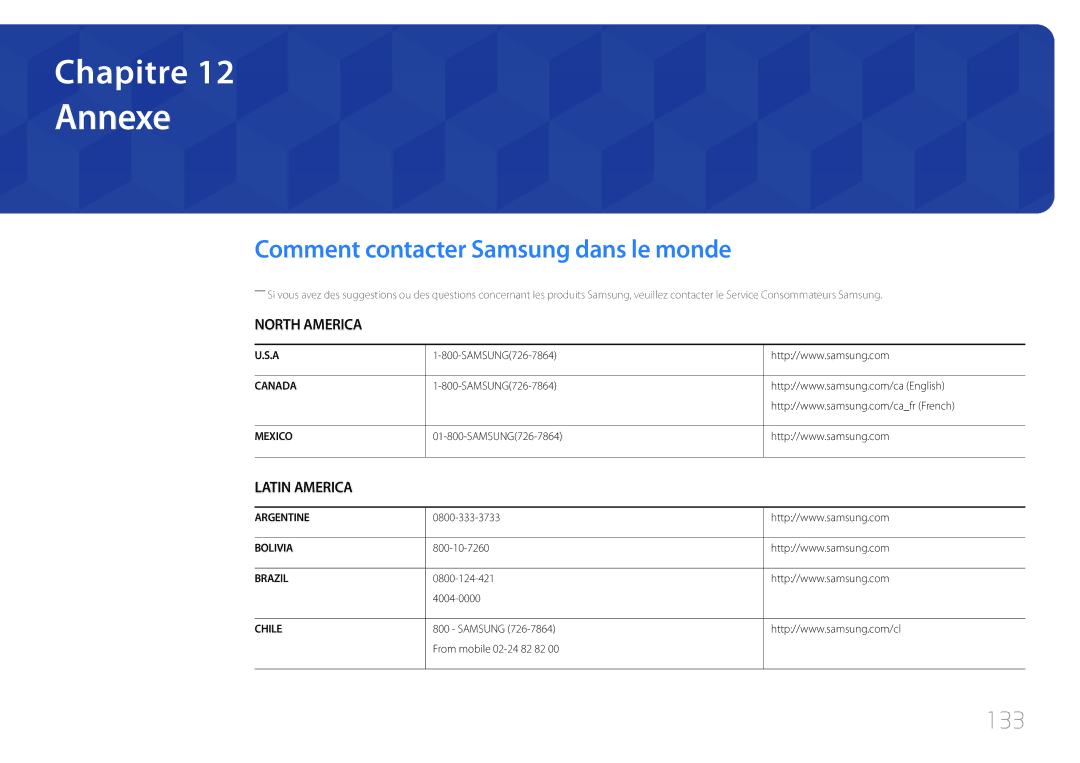 Samsung LH75EDCPLBC/EN, LH32EDCPLBC/EN, LH65EDCPLBC/EN, LH40EDCPLBC/EN Annexe, Comment contacter Samsung dans le monde, 133 