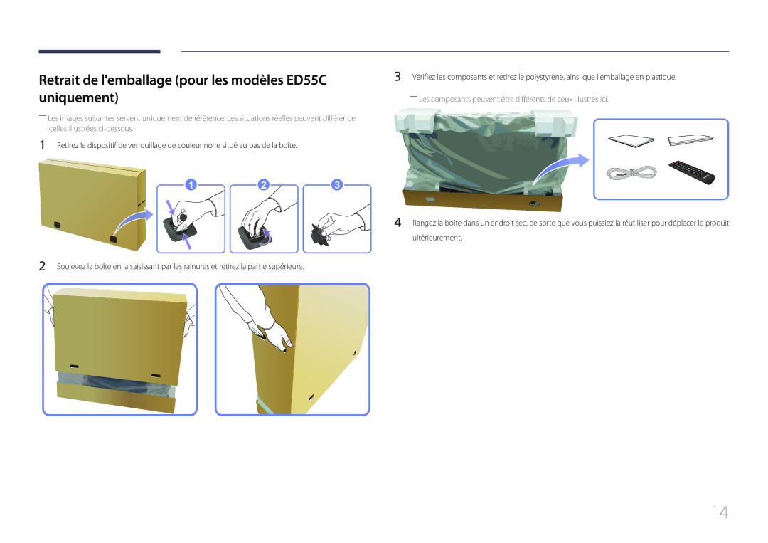 Samsung LH65EDCPLBC/EN, LH32EDCPLBC/EN, LH75EDCPLBC/EN manual Retrait de lemballage pour les modèles ED55C uniquement 