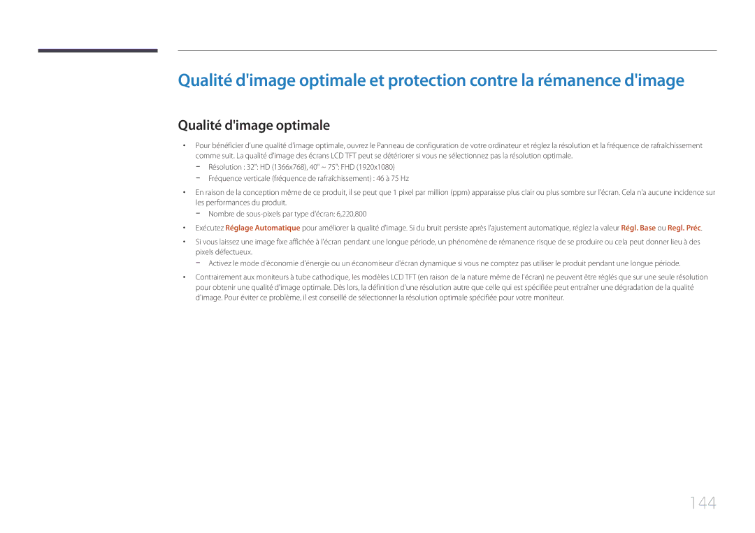 Samsung LH32EDCPLBC/EN, LH75EDCPLBC/EN, LH65EDCPLBC/EN, LH40EDCPLBC/EN, LH46EDCPLBC/EN manual 144, Qualité dimage optimale 