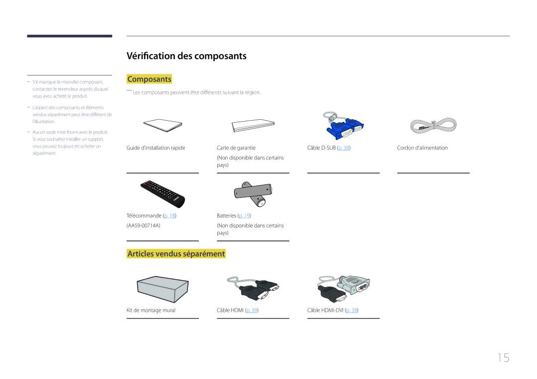 Samsung LH40EDCPLBC/EN, LH32EDCPLBC/EN, LH75EDCPLBC/EN Vérification des composants, Composants, Articles vendus séparément 