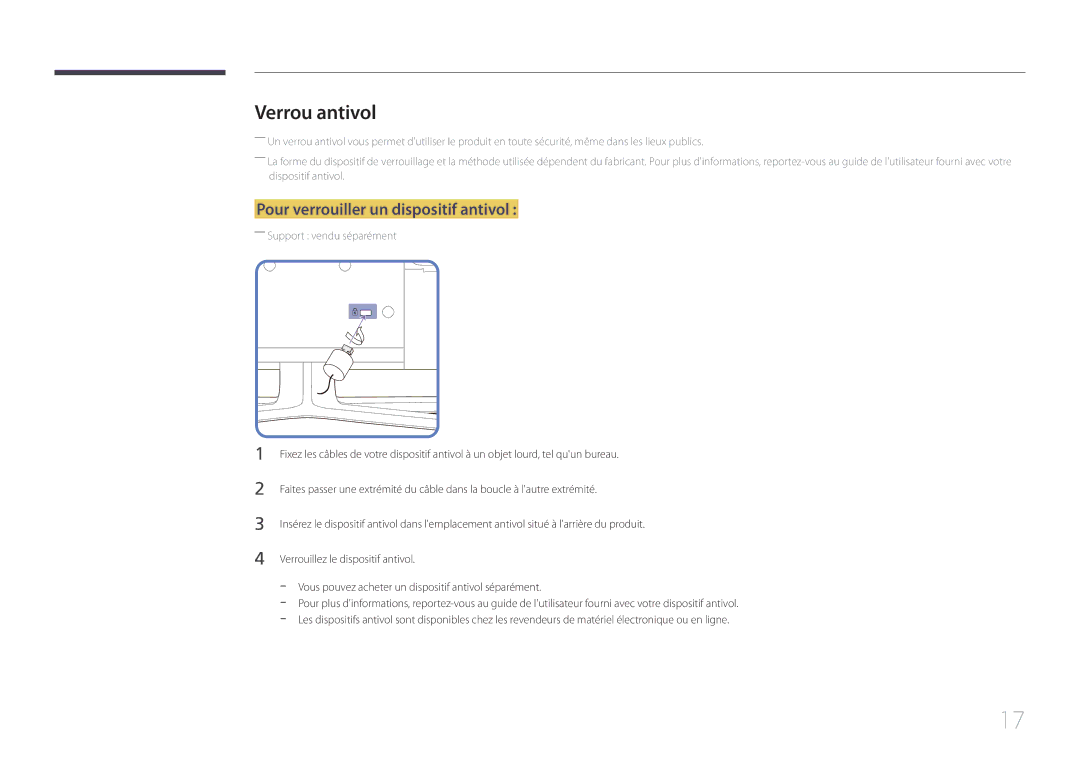 Samsung LH55EDCPLBC/EN, LH32EDCPLBC/EN, LH75EDCPLBC/EN manual Verrou antivol, Pour verrouiller un dispositif antivol 