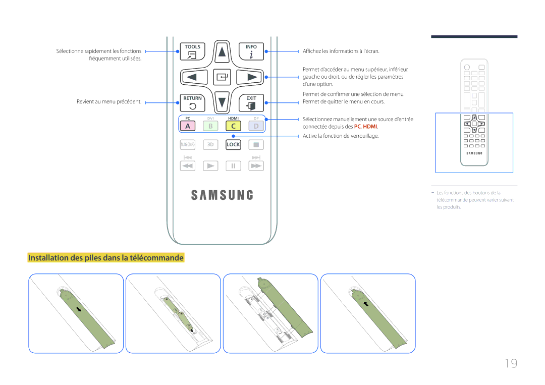 Samsung LH75EDCPLBC/EN manual Installation des piles dans la télécommande, Fréquemment utilisées Revient au menu précédent 