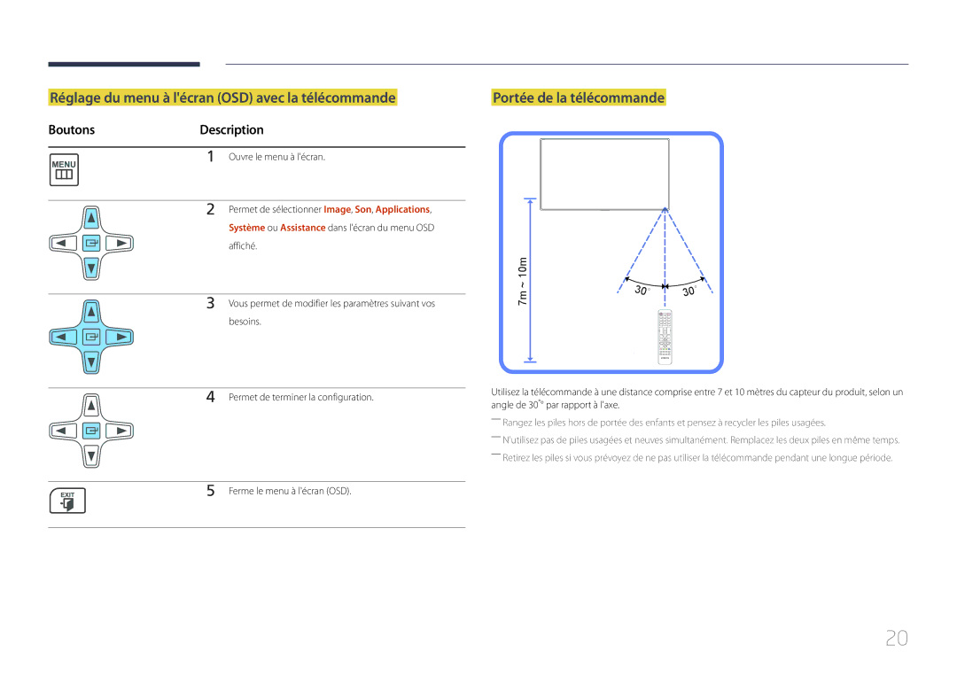 Samsung LH65EDCPLBC/EN Réglage du menu à lécran OSD avec la télécommande, Portée de la télécommande, BoutonsDescription 
