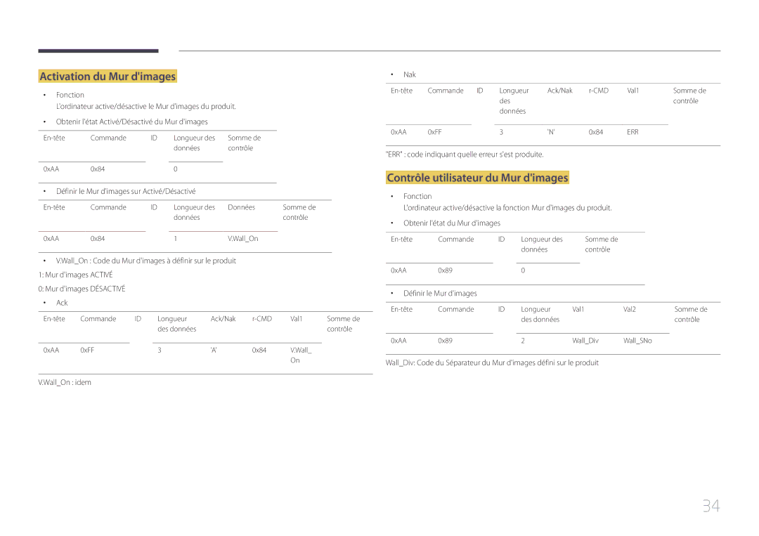 Samsung LH46EDCPLBC/EN, LH32EDCPLBC/EN, LH75EDCPLBC/EN manual Activation du Mur dimages, Contrôle utilisateur du Mur dimages 