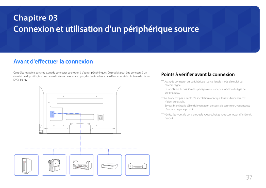 Samsung LH75EDCPLBC/EN, LH32EDCPLBC/EN Connexion et utilisation dun périphérique source, Avant deffectuer la connexion 